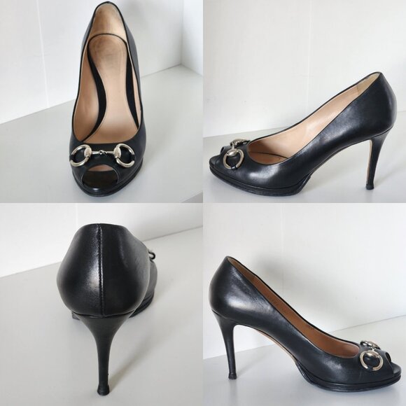 Gucci Black Leather Peep-Toe Heels with Silver Horsebit Detail - Picture 4 of 9